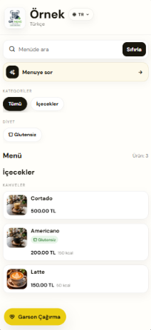 Sekans Menü müşteri QR menüsü telefonda